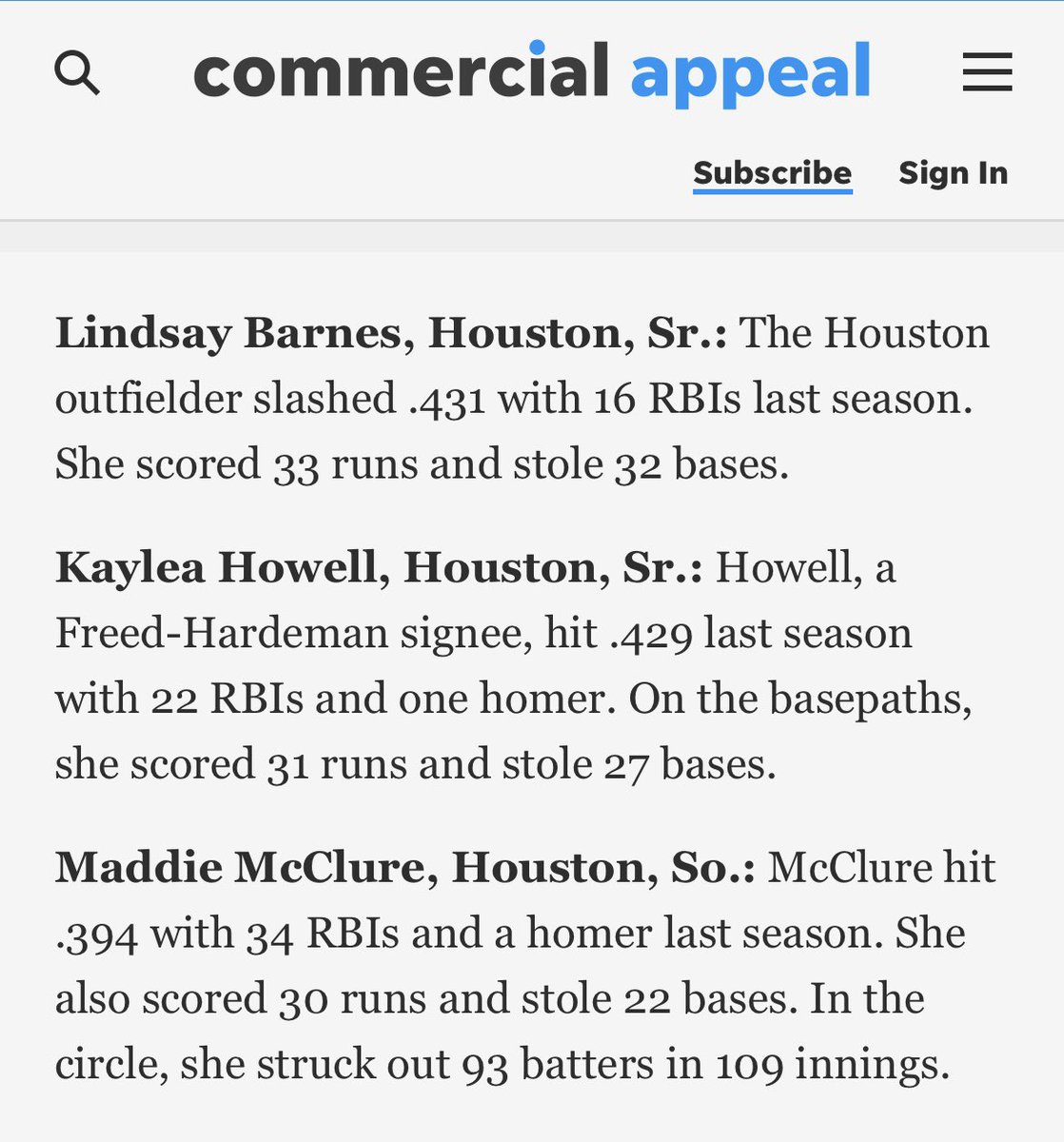 Houston Softball has 3 players recognized  on the Commercial Appeal’s top returning players list for the 2025 season! #honeybadgers #SGOD  <a href="/maddiemccluree/">Maddie McClure</a> , Kaylea Howell and Lindsey Barnes! 🖤