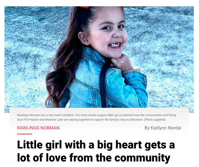 EFN Media (@efnewsonline) on Twitter photo The communities of Flying Dust First Nation and Meadow Lake can show spunky four-year-old Rawlings Norman some love while she wages her ongoing battle with Hypoplastic Left Heart Syndrome (HLHS) by supporting the family’s fundraiser.
READ MORE:
eaglefeathernews.com/2025/02/25/com… The communities of Flying Dust First Nation and Meadow Lake can show spunky four-year-old Rawlings Norman some love while she wages her ongoing battle with Hypoplastic Left Heart Syndrome (HLHS) by supporting the family’s fundraiser.
READ MORE:
eaglefeathernews.com/2025/02/25/com…