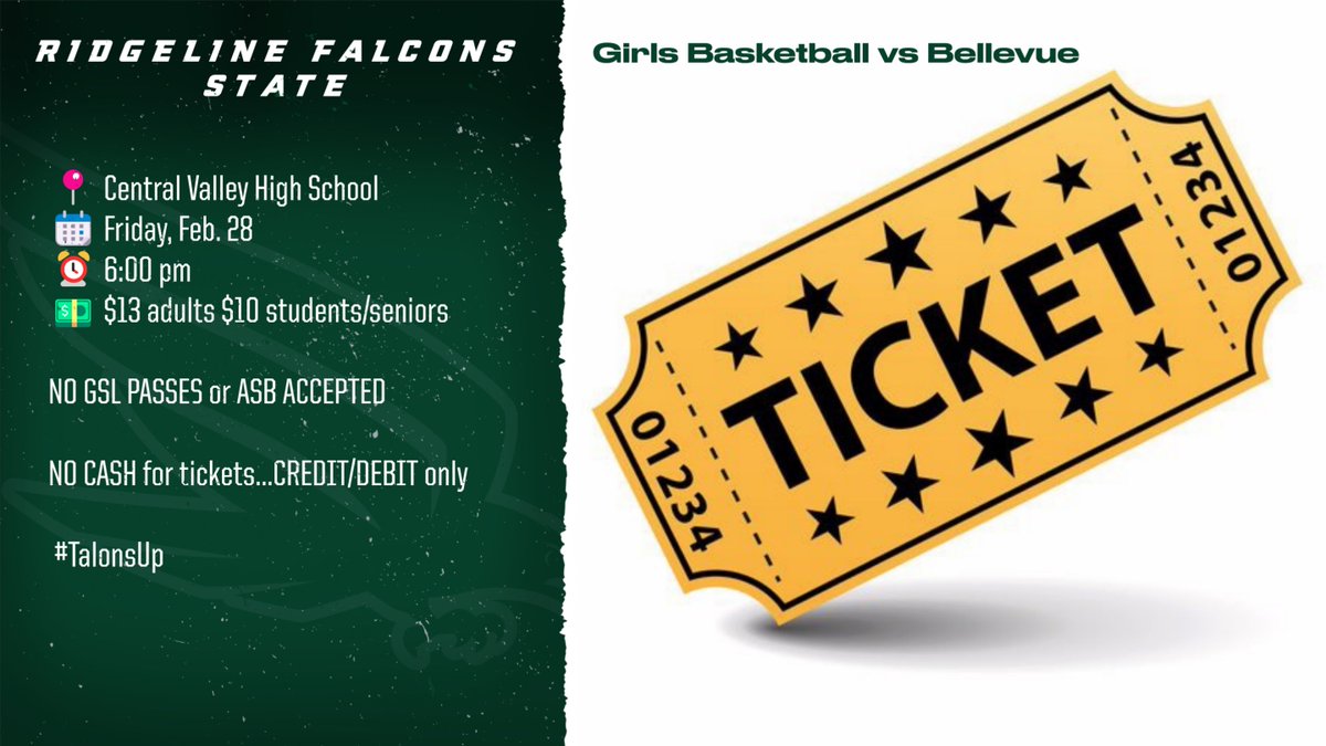 GIRLS STATE BASKETBALL GAME INFO

-note, this game is at Central Valley High School
-Debit/Credit only accepted for tickets (or online)

gofan.co/event/3295338?…