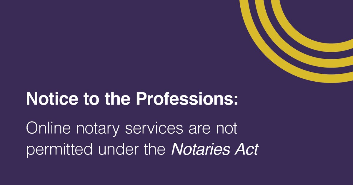 The Notaries Act does not permit notaries to exercise their powers without being in the person’s physical presence. Licensees offering online notary services may be subject to regulatory action by the Law Society. Read the Notice to the Professions: lso.ca/news-events/ne…