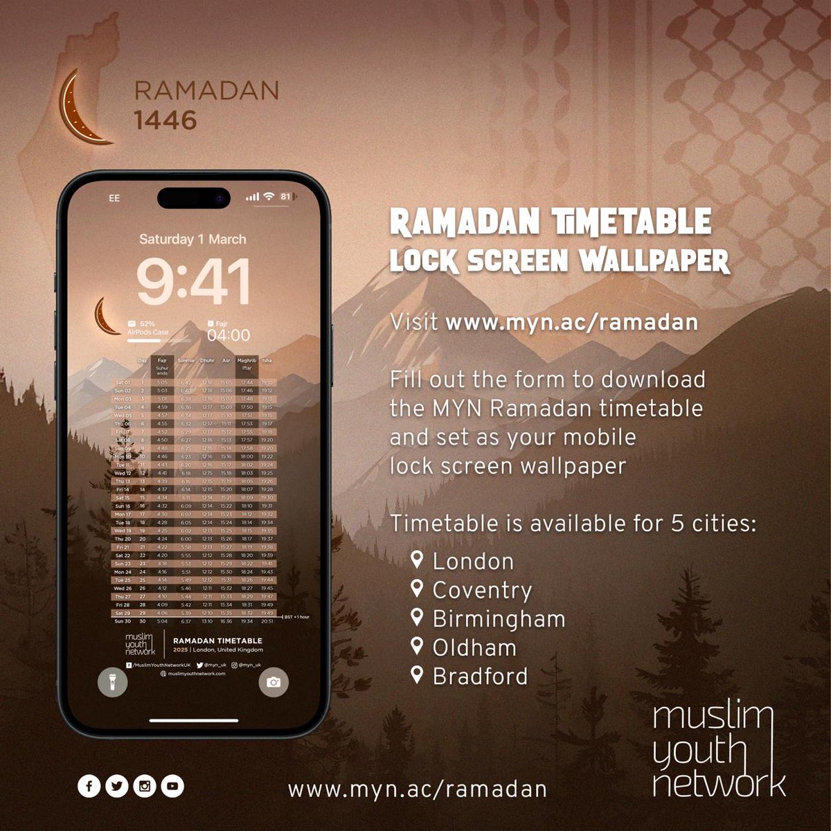 myn_uk's tweet image. The wait is finally over! 🌙

Our popular Ramadan timetable for your phone&apos;s Lock Screen is back again for another year! A gift from the Muslim Youth Network

Download for free here: 
myn.ac/ramadan

Available for 5 cities:
London, Coventry, Birmingham, Oldham, Bradford