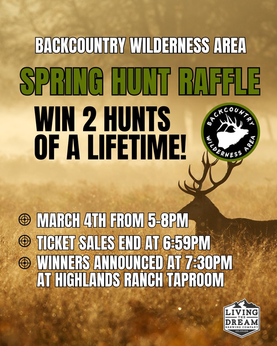 🎯 Attention Colorado Hunters!
Tue 3/4 join @hrca_backcountry for their Hunting raffle drawing. Your shot at TWO hunts of a lifetime! 🦌
🔹 Sales end at 6:59 PM. Drawing starts at 7:30 PM. 
Don’t miss your chance to win big and support conservation efforts! 🍻🎟️