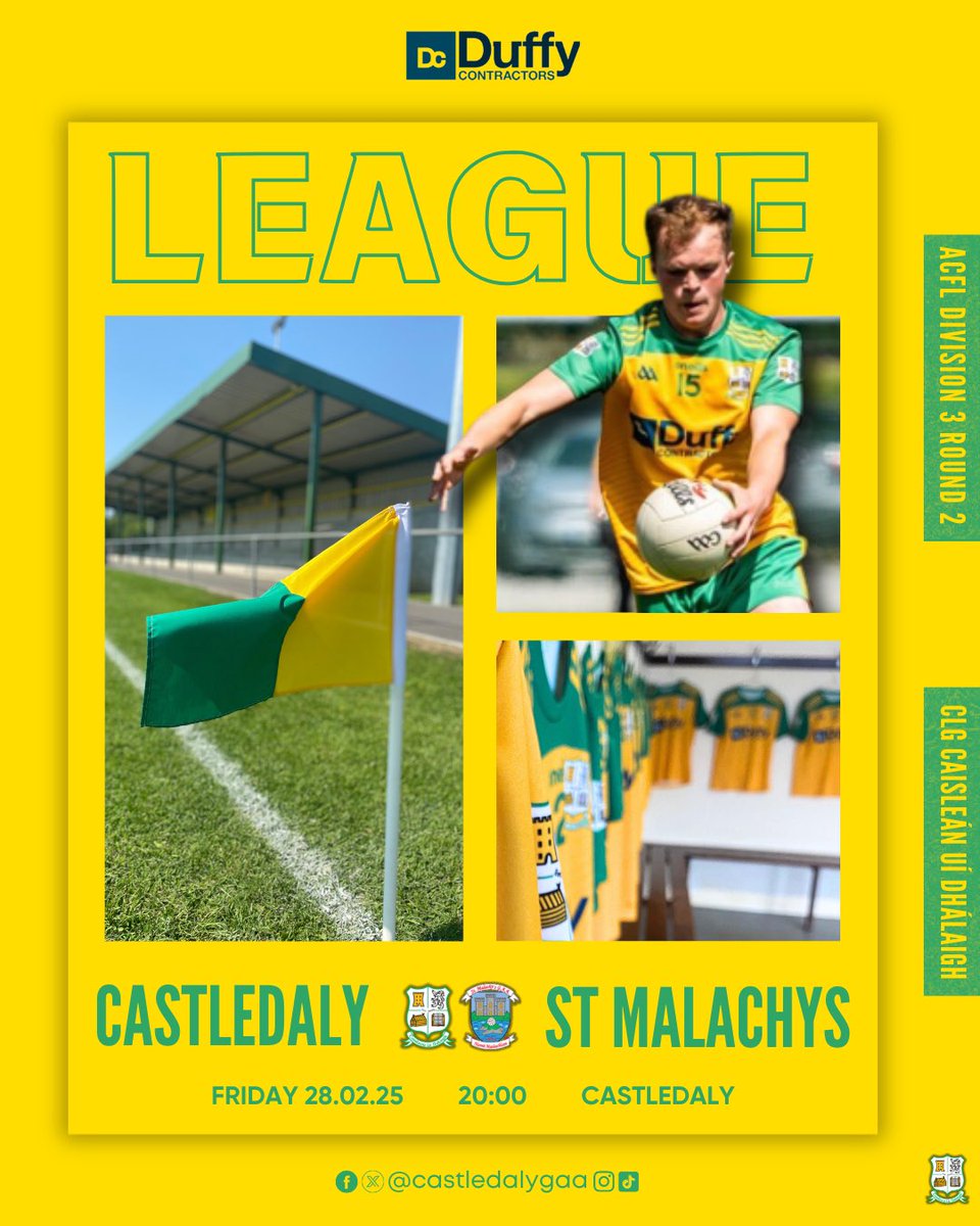 Please support the lads tomorrow evening when we host St. Malachy’s in Castledaly. Throw in for our first league outing of 2025 is at 8pm. Best of luck to the everyone involved with the team for the year ahead. 

🟡🟢