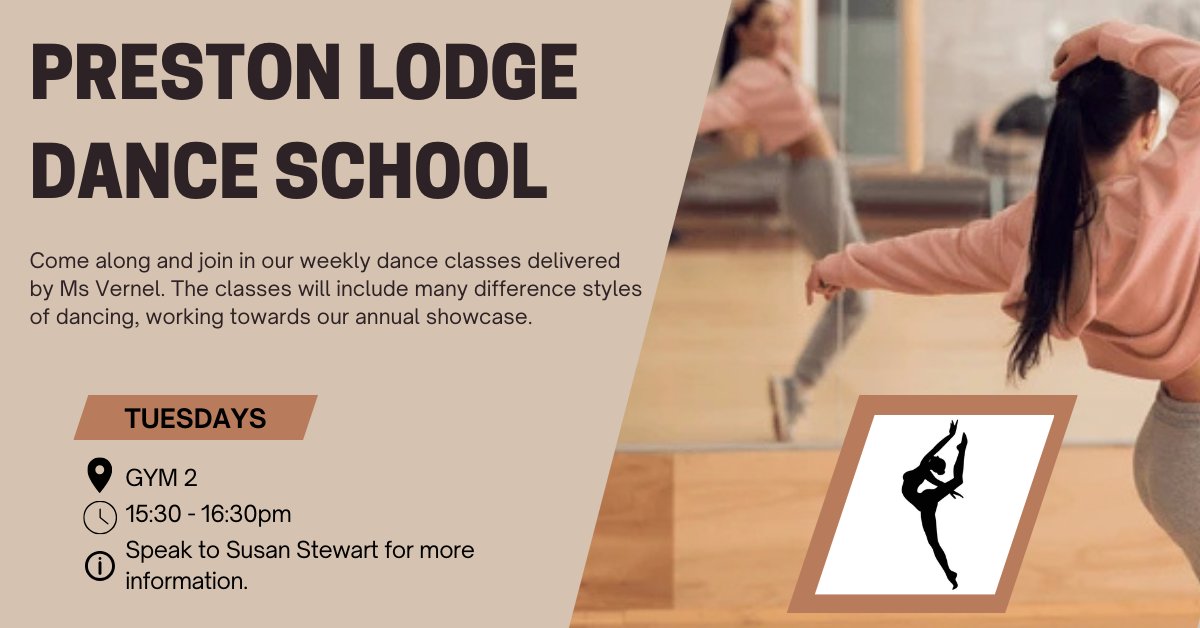 Booking is now OPEN: 😍
eastlothian.bookinglive.com/.../preston-lo…

We anticipate this to be a very popular class and will prioritise those who have booked via Booking Live.

Classes begin on Tuesday!🕺💃👯

Please speak to Ms Vernel / Susan Stewart for more information.