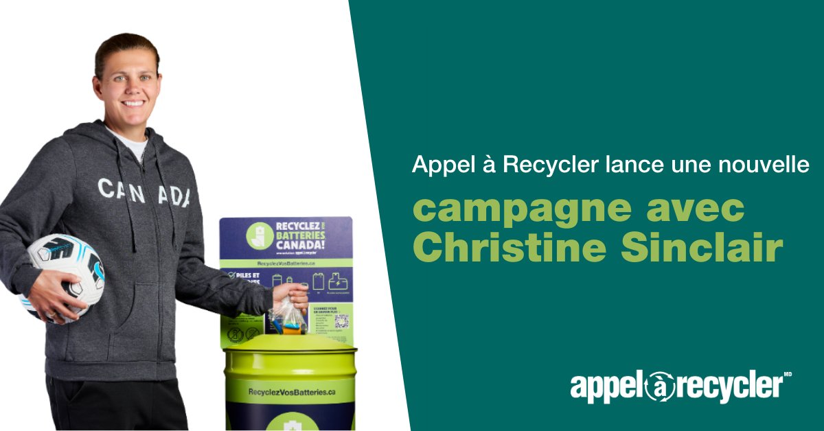 Notre campagne de sensibilisation au recyclage des piles avec Christine Sinclair est lancée ! Voyez-la en ligne et à la télé du 1er fév. au 31 mars, y compris lors d’événements sportifs pros et des Oscars. À l’affût ce week-end! En savoir plus : bit.ly/3ER5Vo8