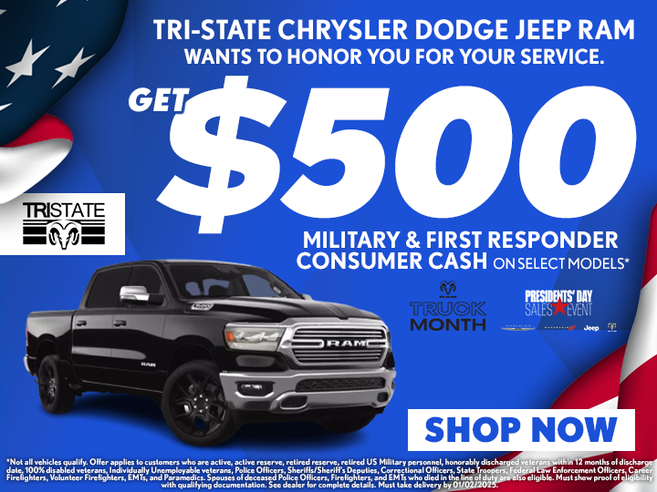 TriStateCDJR's tweet photo. $500 Military &amp; First Responders Consumer Cash! We honor your service with a $500 bonus. Thank you for all you do—get yours today! 🇺🇸💙 #MilitaryAndFirstResponders #ThankYouForYourService #ConsumerCash https://t.co/hwQRVPXzzd https://t.co/8abeXtyOFa