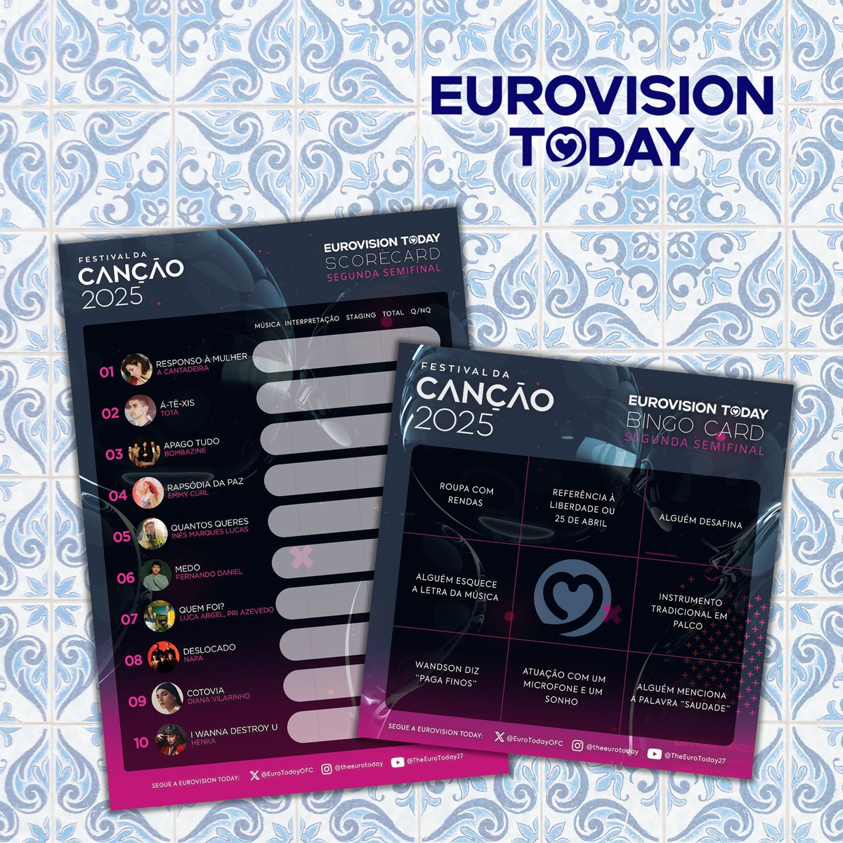 EuroTodayOFC's tweet image. Depois de uma Semifinal cheia de emoções, estamos prontos para outra! 😮‍💨

Já lançámos o Bingo e Scorecard para jogares na Semifinal 2! 👀

Partilha connosco os resultados... 😉

Descarrega no link ⬇️
#bingo #scorecard #Eurovision #FdC2025 #FestivalDaCanção #FestivalDaCanção2025