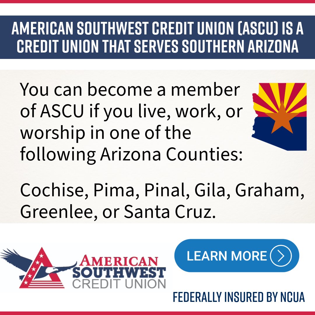 MyASCU's tweet image. Your community, your credit union! 🤝 ASCU serves Cochise &amp;amp; surrounding AZ counties. Live, work, or worship here? You're eligible! Family &amp;amp; local biz owners welcome too. Join today! ascu.org/membership/eli…

#ASCU #LocalBanking #CreditUnion #Arizona