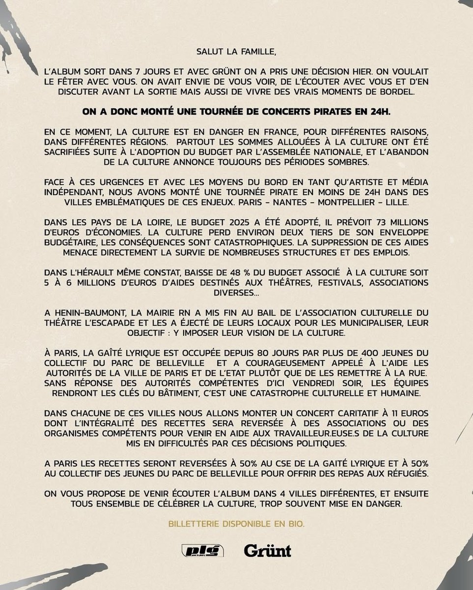 Paraît que les miracles n’existent pas

BEN plg annonce une tournée pirate 🎫

4 concerts caritatifs qui permettront de célébrer la culture et de reverser les recettes à des associations !