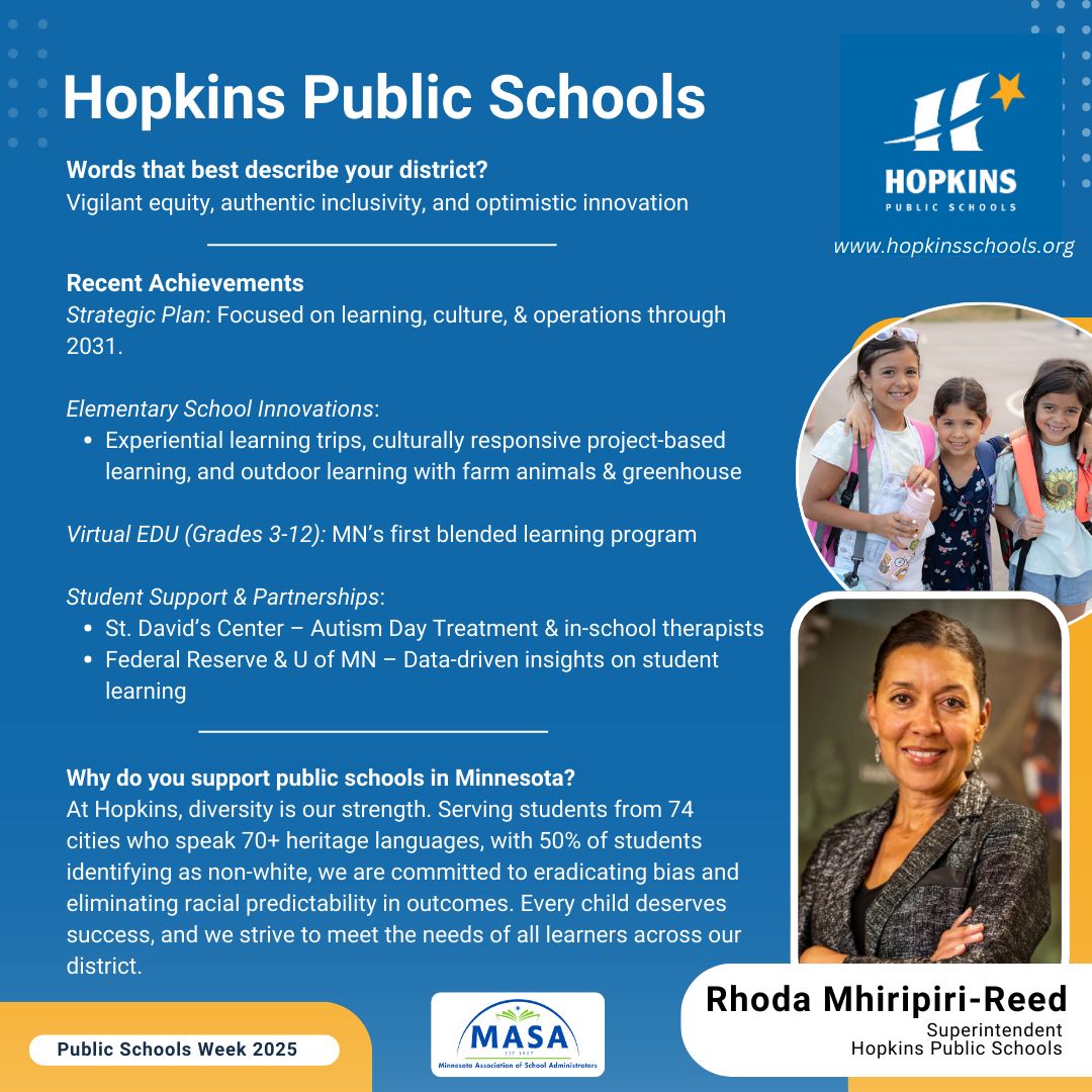 Making a stop in the cities to check in on Hopkins Public Schools (@hopkins270), led by Superintendent &amp; MASA Board Member Rhoda Mhiripiri-Reed! Read the full district highlight here: buff.ly/4i5LJOl #HereForTheKids #PSW25 #mnMASA #publicschools #minnesota