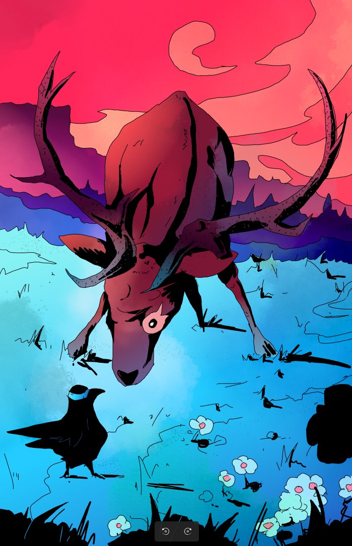 The deer slowly tilts it’s head:
“Raven, featherbeard, I hear what you said.
But I wonder, is something wrong with your eyes?
Did you ever observe a deer that flys?”

Here’s one of the big art-pieces of our game, to be divided into four cards.

#gameart #ComicArt