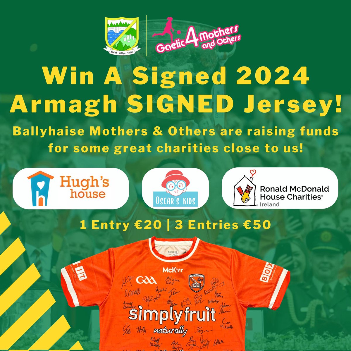 Eamonn O'Reilly (@cavaneamonn) on Twitter photo Ballyhaise G4MO are raffling a signed Armagh Jersey in aid of 3 brilliant charities who have helped families in our team. Ronald McDonald House, Hugh’s House and Oscar’s Kids
Enter online now: member.clubspot.app/club/ballyhais…
<a href="/RMHC_Ireland/">Ronald McDonald Hse</a> <a href="/hughshousedub/">Hughs House</a> <a href="/OscarsKidsIE/">OscarsKidsIreland</a> Ballyhaise G4MO are raffling a signed Armagh Jersey in aid of 3 brilliant charities who have helped families in our team. Ronald McDonald House, Hugh’s House and Oscar’s Kids
Enter online now: member.clubspot.app/club/ballyhais…
<a href="/RMHC_Ireland/">Ronald McDonald Hse</a> <a href="/hughshousedub/">Hughs House</a> <a href="/OscarsKidsIE/">OscarsKidsIreland</a>