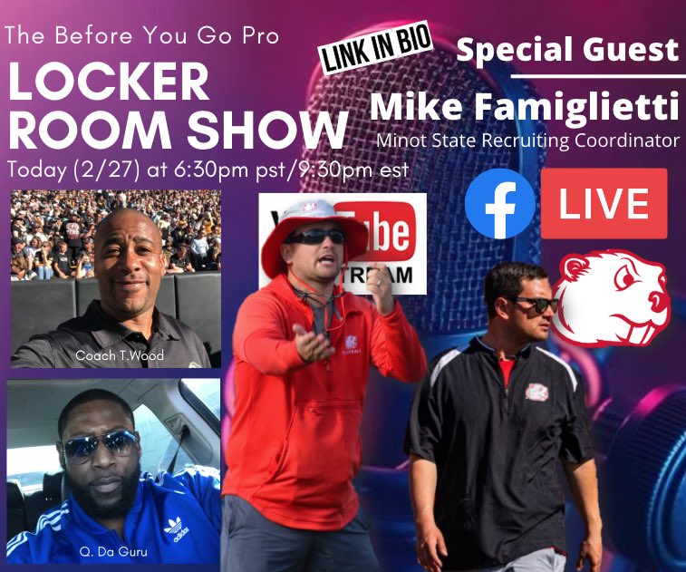 BeforeYouGoPro's tweet photo. It’s going down tonight! If you are an aspiring college football player, parent of a player, or coach. Join us Live with the great @CoachFam from @MSUBeaversFB tonight. See you there. Link in bio! #BYGP #LockerRoomShow #CoachFam #MinotState #NCAA #D2 #Collegefootball https://t.co/q6IMqinyz7