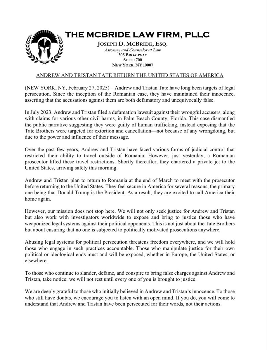 Joseph D. McBride, Esq. (@mcbridelawnyc) on Twitter photo PRESS RELEASE:
<a href="/Cobratate/">Andrew Tate</a> and <a href="/TateTheTalisman/">Tristan Tate</a> return to the United States of America. PRESS RELEASE:
<a href="/Cobratate/">Andrew Tate</a> and <a href="/TateTheTalisman/">Tristan Tate</a> return to the United States of America.