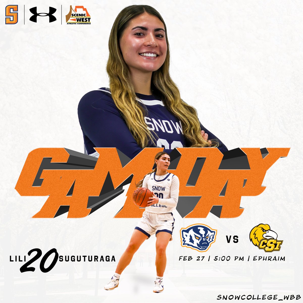 🏀GAME DAY!🏀
🆚: <a href="/CSIAthletics1/">CSI Golden Eagles</a>
📍: Ephraim, Utah | Horne Activity Center
⏰: 5:00 p.m.
📺: bit.ly/SWACDigNet
📻: bit.ly/MidUtahRadio
📊: bit.ly/SnowWBBStats