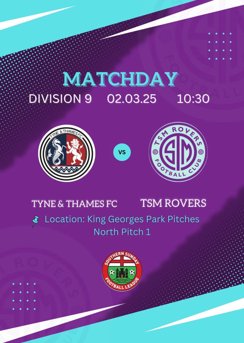 TSM Rovers FC (@tsmrovers1) on Twitter photo ⚽️Tyne&Thames vs TSM Rovers⚽️
After last week’s close game vs the league leaders, we visit <a href="/TyneandThamesFC/">Tyne & Thames FC</a> in need of points. Can TSM get their first points of 2025?
⏰ 10:30 KO @ King George’s Kimber Road
Let’s go TSM 🩵💜
<a href="/SouthernSunday/">Southern Sunday Football League</a> ⚽️Tyne&Thames vs TSM Rovers⚽️
After last week’s close game vs the league leaders, we visit <a href="/TyneandThamesFC/">Tyne & Thames FC</a> in need of points. Can TSM get their first points of 2025?
⏰ 10:30 KO @ King George’s Kimber Road
Let’s go TSM 🩵💜
<a href="/SouthernSunday/">Southern Sunday Football League</a>