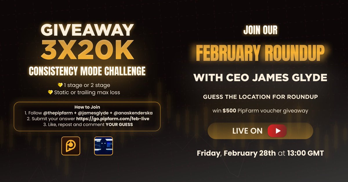 Victorex_'s tweet image. 💙Giveaway! Giveaway!! Giveaway!!!💙
         
3 X $20,000 FUNDED CHALLENGE ACCOUNT 

🚨 Join our ROUNDUP February &amp;amp; Guess the location🚨

👑Tasks!!!

💙 Like, repost and comment YOUR GUESS
💙 Like and Repost my pinned post
💙 Tag 5 Trading Buddies to join the fun! 
💙 Must…