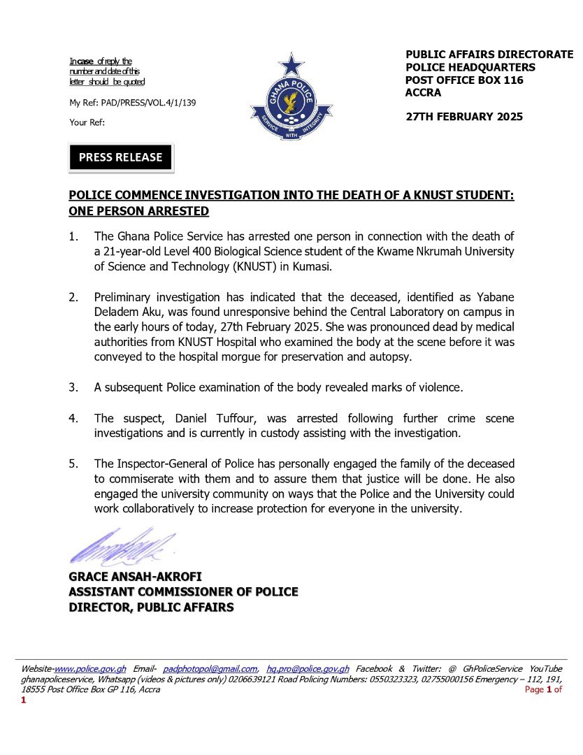 GhPoliceService's tweet photo. 𝐏𝐑𝐄𝐒𝐒 𝐑𝐄𝐋𝐄𝐀𝐒𝐄: 

𝐏𝐎𝐋𝐈𝐂𝐄 𝐂𝐎𝐌𝐌𝐄𝐍𝐂𝐄 𝐈𝐍𝐕𝐄𝐒𝐓𝐈𝐆𝐀𝐓𝐈𝐎𝐍 𝐈𝐍𝐓𝐎 𝐓𝐇𝐄 𝐃𝐄𝐀𝐓𝐇 𝐎𝐅 𝐀 𝐊𝐍𝐔𝐒𝐓 𝐒𝐓𝐔𝐃𝐄𝐍𝐓: 𝐎𝐍𝐄 𝐏𝐄𝐑𝐒𝐎𝐍 𝐀𝐑𝐑𝐄𝐒𝐓𝐄𝐃 https://t.co/umdNAC5Se3