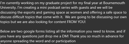 mel_obr1en's tweet photo. Likes and RT's appreciated <3
https://t.co/22A3mE4NbS
https://t.co/A09g6VEZne
#esports #gaming #womeninesports #womeningaming #gradproject #mediaproduction #streaming #streamers #gamers https://t.co/ppH3EakV7F