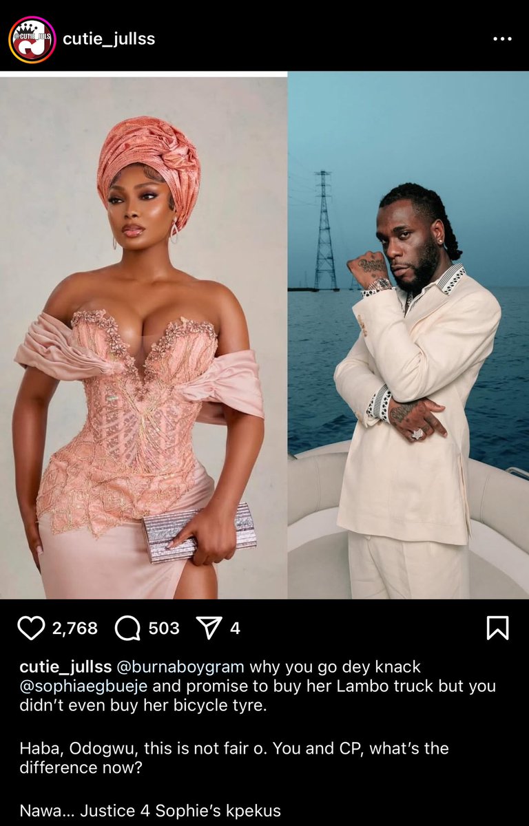 Dhavidote's tweet photo. It all started when cutie_Jules on instagram called out Burnaboy for not fulfilling his promise to Sophie https://t.co/GfeSN3Y0D5