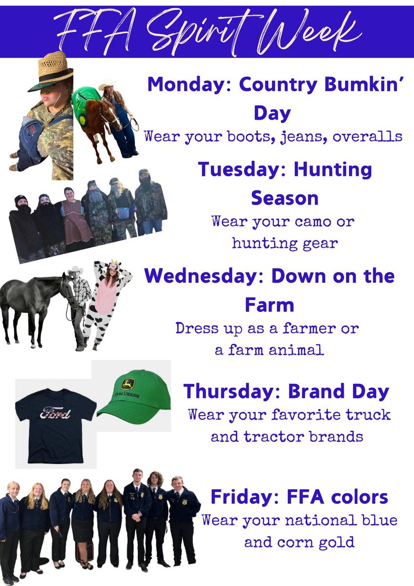 The East Davidson FFA Officer team has been working diligently to plan a fun week for everyone to be involved in. Themes for each day are posted around the school. There will be a bowling night, muddiest vehicle contest, Ag Olympics and Kiss the Donkey Com