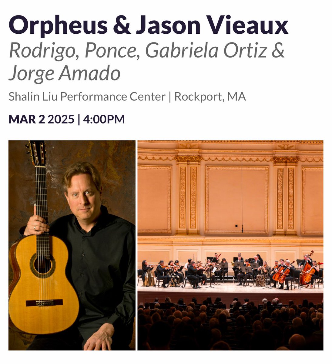 this Sunday I’m w the great @orpheuschamberorchestra playing #rodrigo #Gentilhombre @ one of my faves @shalinliuperformancecenter … hope to see you there!  
#ClassicalGuitar #classicalmusic  
#liveperformance #guitarconcerto  #liveconcerts @artistworksinc  @augustinestrings