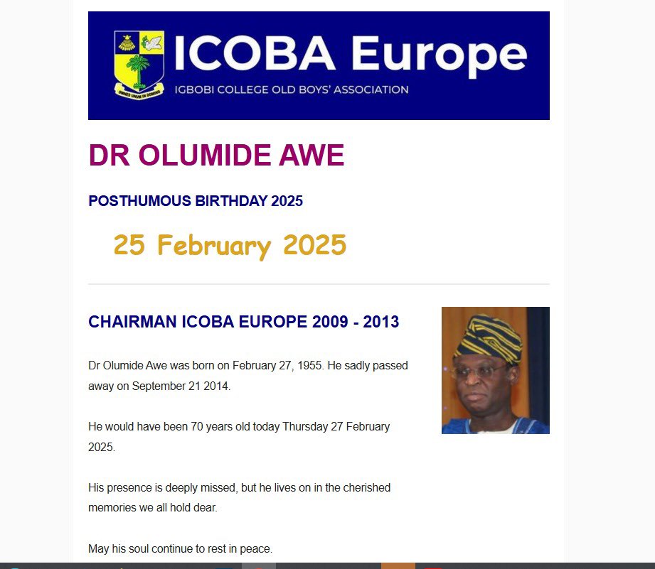 icoba_europe's tweet photo. Remembering Dr. Olumide Awe
Today, on his posthumous 70th birthday, we honor Dr. Olumide Awe, former ICOBA Europe Chairman (2009-2013). His leadership & impact remain alive in our hearts.
Gone but never forgotten. May his soul continue to rest in peace.
#ICOBAEurope #Legacy https://t.co/oc5OJFG7sl