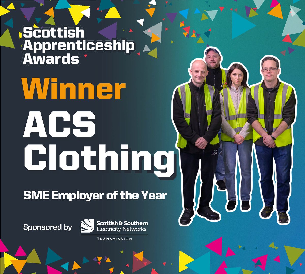 Skills Development Scotland (@skillsdevscot) on Twitter photo The first #ScotAppAwards winner has been revealed!
Congratulations to SME Employer of the Year, <a href="/ACSClothingLtd/">ACS Clothing</a> – whose apprentices are transforming the future of fashion through green goals and sustainability! 🌍
Category sponsored by <a href="/ssencommunity/">Scottish and Southern Electricity Networks</a>
#MadeforBusiness The first #ScotAppAwards winner has been revealed!
Congratulations to SME Employer of the Year, <a href="/ACSClothingLtd/">ACS Clothing</a> – whose apprentices are transforming the future of fashion through green goals and sustainability! 🌍
Category sponsored by <a href="/ssencommunity/">Scottish and Southern Electricity Networks</a>
#MadeforBusiness