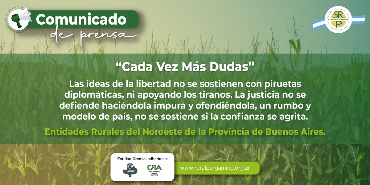 A continuación, les compartimos un comunicado de nuestra entidad junto con otras entidades de la zona titulado: 

📢 𝐂𝐚𝐝𝐚 𝐯𝐞𝐳 𝐦𝐚́𝐬 𝐝𝐮𝐝𝐚𝐬 📢

👉 ruralpergamino.org.ar/site/cada-vez-…