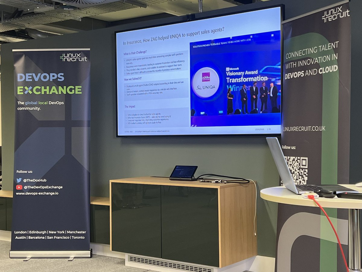 Kicking off our talks this evening, we welcome Immo and Istiaque from our hosts at Zühlke Group 🎙️

Immo and Istiaque uncovered Zuhlke’s multi agent chat bot ZAG, with a case study explaining how it works for insurance retail customers, all finished off with a live demo!