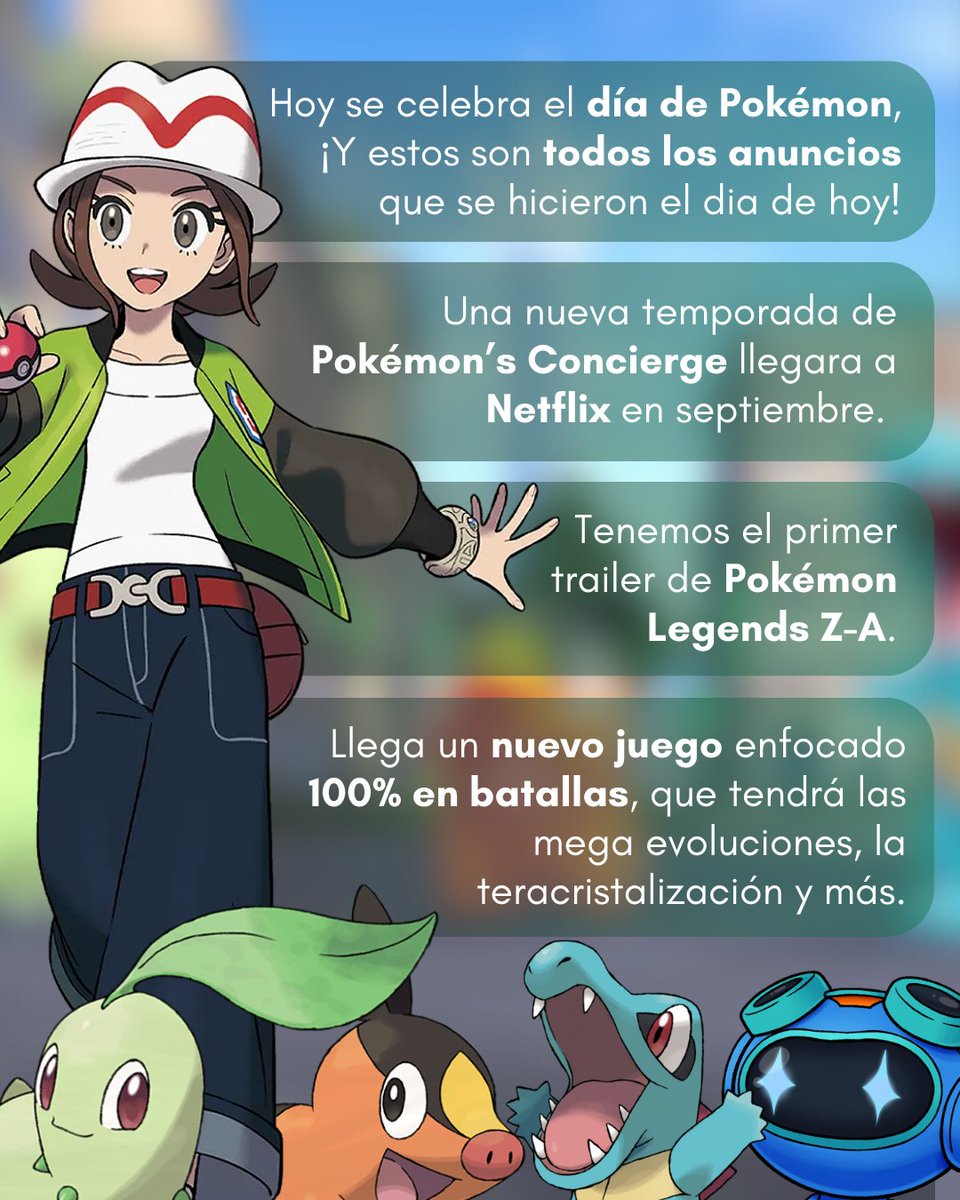 gikinx_'s tweet photo. Hoy se celebró del #PokemonDay  y recibimos muchos anuncios del futuro de la franquicia:

Una 2° temporada de #PokemonConcierge que llegará a #Netflix💻

Un nuevo juego: #pokemonchampions que será 100% enfocado en combates🌿🔥💧

Nuestro primer vistazo a #pokemonlegendsza 🥖🇫🇷 https://t.co/q1AZEZXEDy