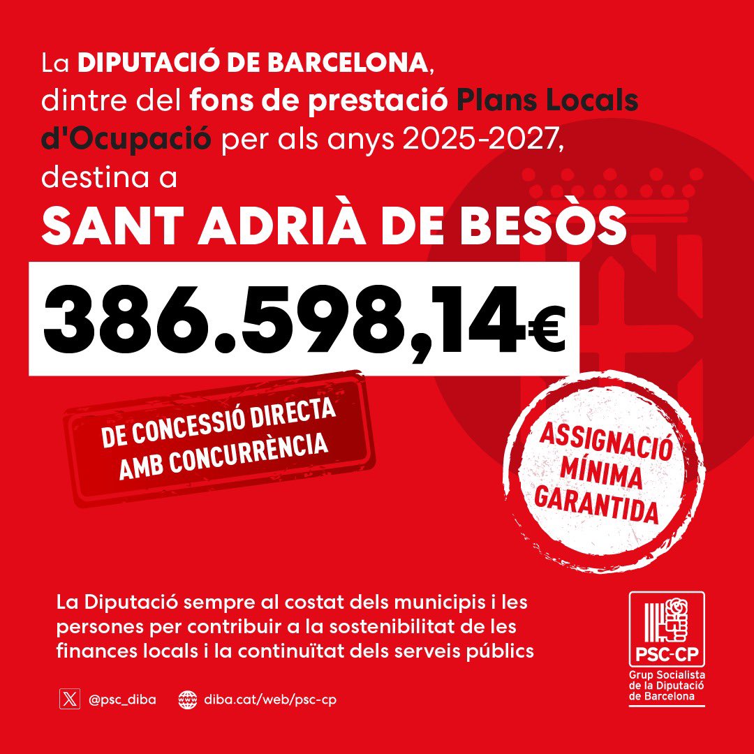 🌹El nostre municipi rebrà del Fons de Prestació “Plans Locals d’Ocupació” per als anys 2025-2027. Aquesta ajuda serà essencial per impulsar la creació d’ocupació i la formació a la nostra ciutat!

💰 Import econòmic per a Sant Adrià de Besòs, 2025-2027: 386.598,14 €
