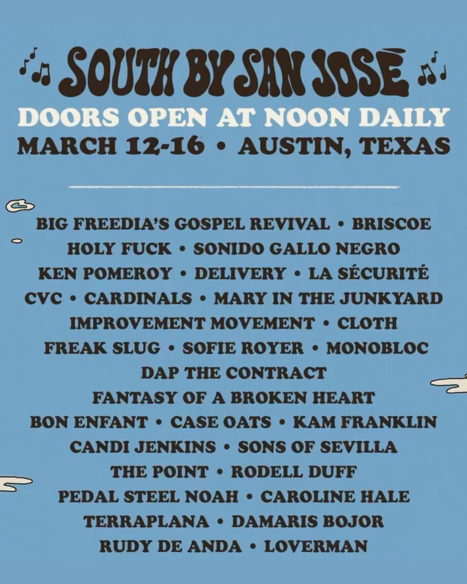 🌺 SOUTH BY SAN JOSE at #SXSW 2025

📆 March 12-16
📍 Hotel San Jose

“Always and forever free”

Music by: Big Freedia, Holy Fuck, Briscoe, Freak Slug &amp; more