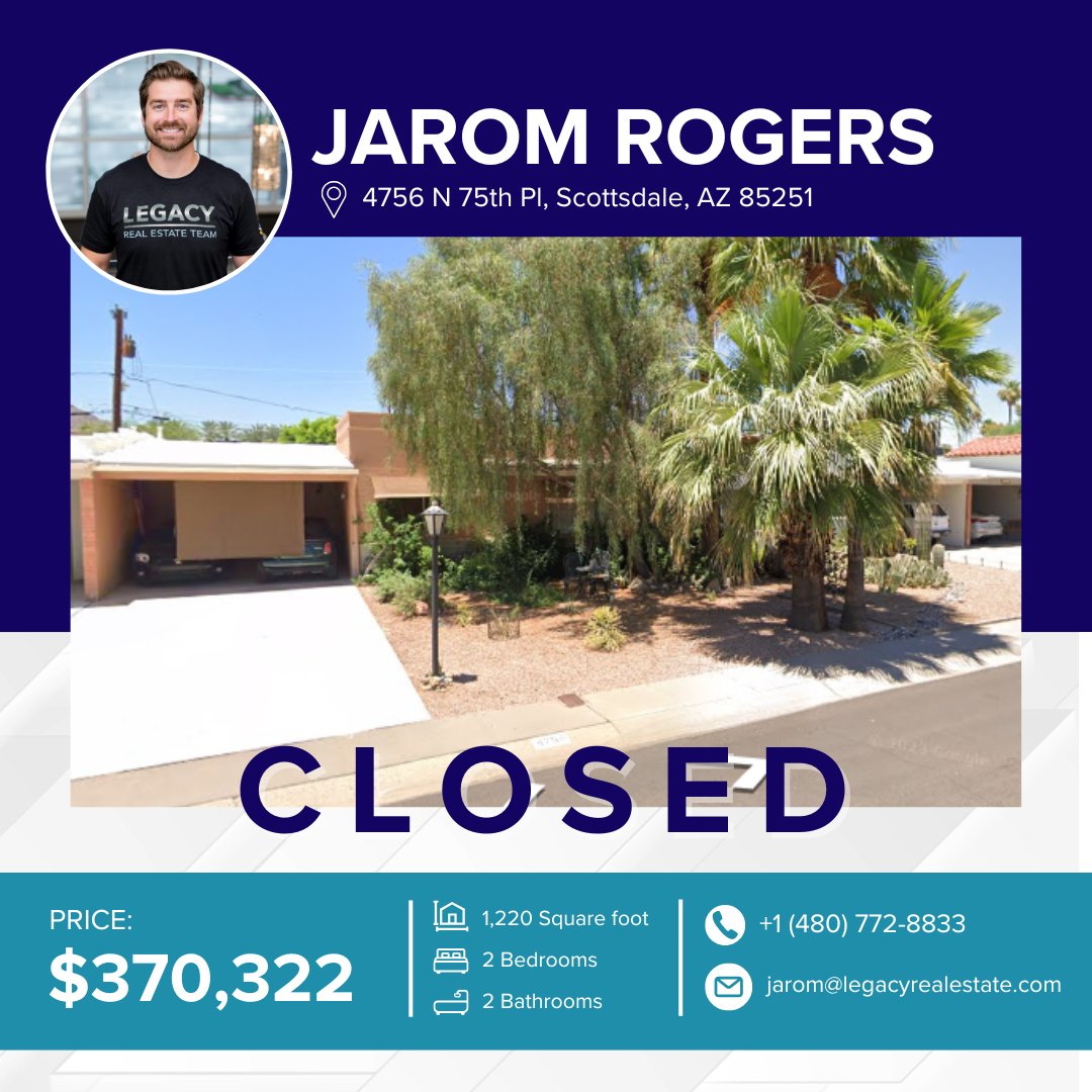 ListWithJarom's tweet photo. β
CLOSED! Another home off the market in Scottsdale, AZ! π Congratulations to my amazing clients on securing this beautiful property. π‘π
#ArizonaHomes #JustSold #ScottsdaleRealEstate #AZRealtor #LegacyRealEstate #HomeSweetHome #DreamHome #RealEstateExpert #HouseHunting https://t.co/FrONj2iMOS