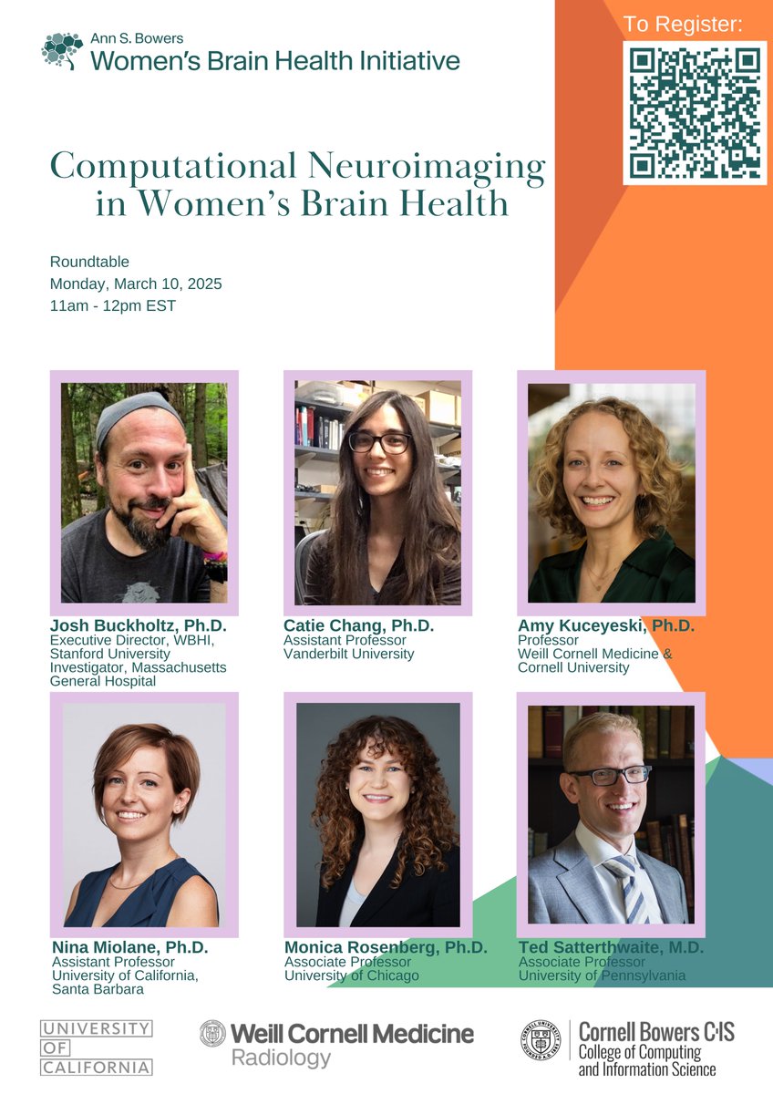 The Ann S. Bowers Women's Brain Health Initiative (@bowers_wbhi) on Twitter photo Join us Mon 3/10 for a roundtable discussion addressing best practices and emerging opportunities in human brain imaging and how they can advance the study of women’s brain health. Featuring Josh Buckholtz, <a href="/cately00/">catie</a>, <a href="/amykooz/">Amy Kuceyeski | @amykooz@bsky.social</a>, <a href="/ninamiolane/">Nina Miolane 🦋 @ninamiolane.bsky.social</a>, <a href="/monicarosenb/">Monica Rosenberg</a>, and <a href="/sattertt/">Ted Satterthwaite</a> 🧠 Join us Mon 3/10 for a roundtable discussion addressing best practices and emerging opportunities in human brain imaging and how they can advance the study of women’s brain health. Featuring Josh Buckholtz, <a href="/cately00/">catie</a>, <a href="/amykooz/">Amy Kuceyeski | @amykooz@bsky.social</a>, <a href="/ninamiolane/">Nina Miolane 🦋 @ninamiolane.bsky.social</a>, <a href="/monicarosenb/">Monica Rosenberg</a>, and <a href="/sattertt/">Ted Satterthwaite</a> 🧠