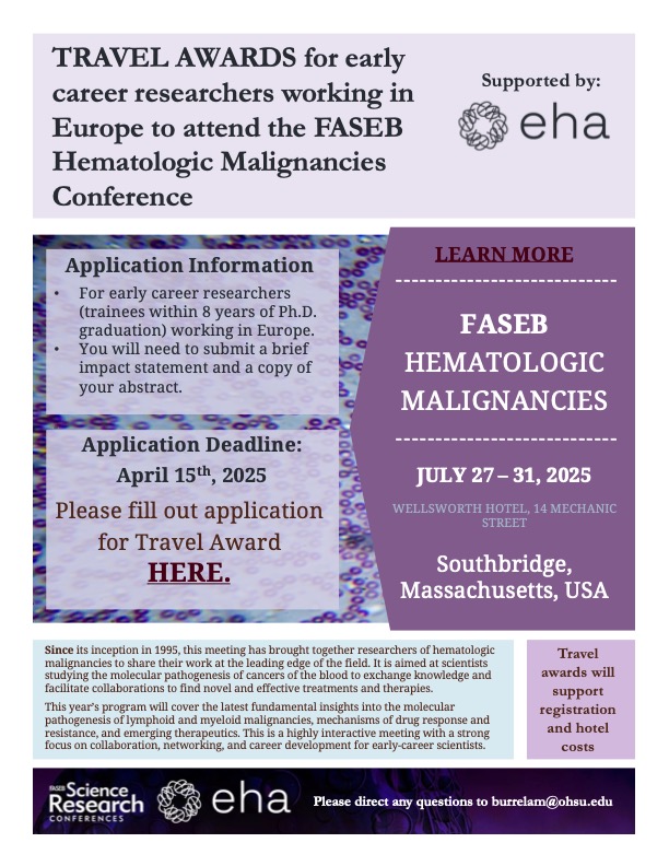 Julia Maxson (@juliamaxson) on Twitter photo Thanks to the generous support of <a href="/EHA_Hematology/">European Hematology Association</a> we have two travel awards for early career researchers working in Europe to attend the 2025 FASEB Hematologic Malignancies Meeting!!! Please share! (Link in comments) Thanks to the generous support of <a href="/EHA_Hematology/">European Hematology Association</a> we have two travel awards for early career researchers working in Europe to attend the 2025 FASEB Hematologic Malignancies Meeting!!! Please share! (Link in comments)