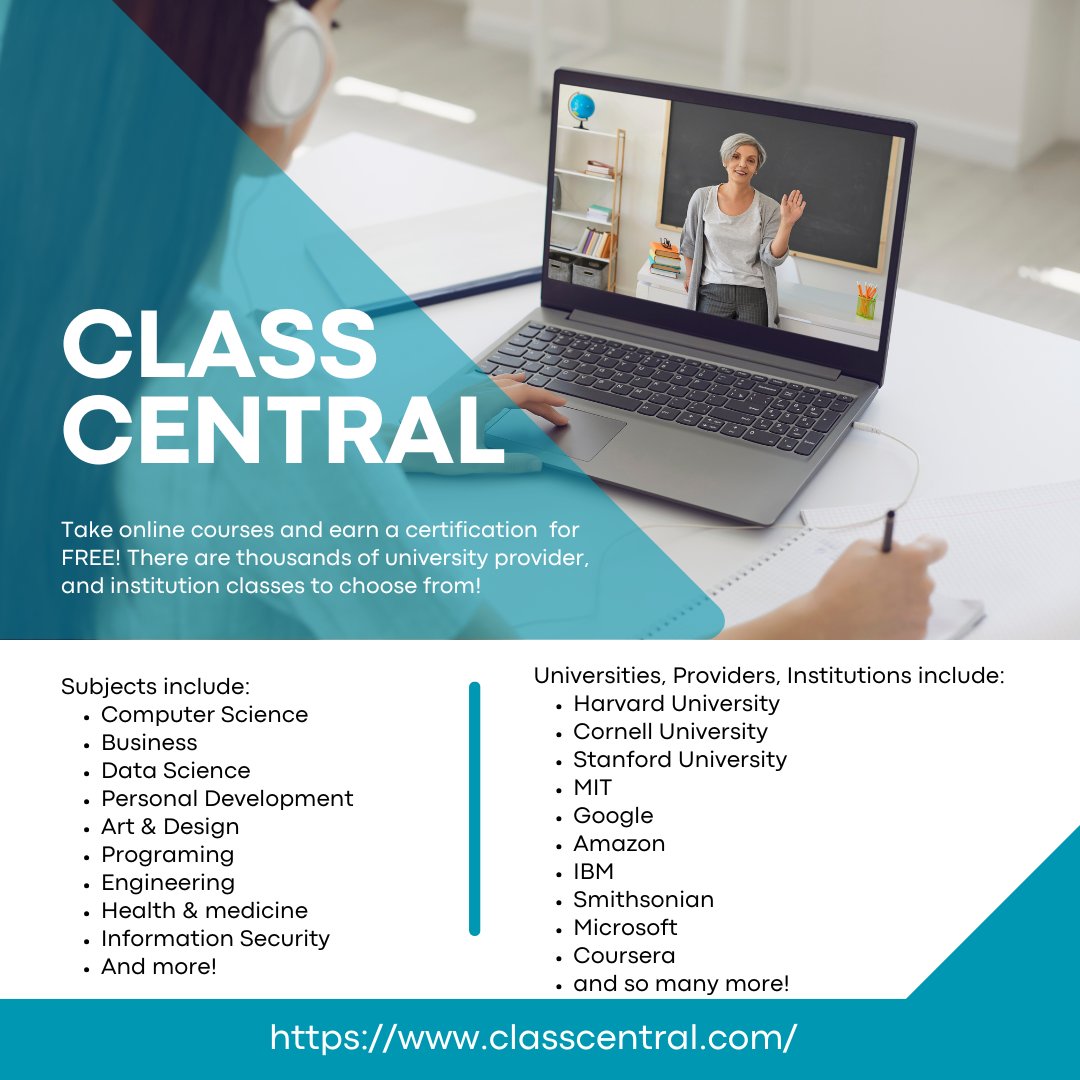 arngeducation's tweet image. Looking to enhance your learning or earn a #free certificate? Look at Class Central! #ClassCentral has courses from over 3,000 universities and providers with varying durations and topics and you can filter the courses that are free and offer certifications!