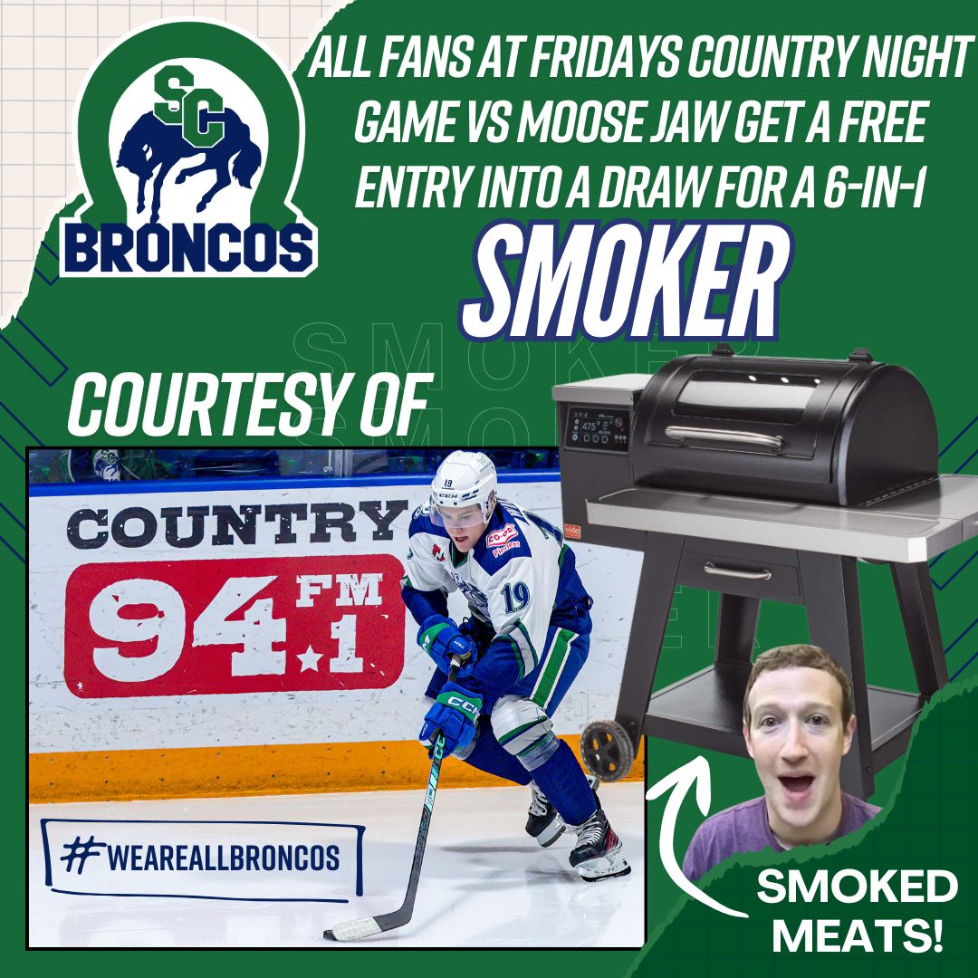 Country fans! This Friday night, all fans in attendance can enter to win an amazing 6-in-1 VIDA SMOKER courtesy of <a href="/Country94One/">Country 94 and Country 1490</a>!

Just drop by the Country 94.1FM booth in the main lobby and fill out your ballot for a chance to win.

Get your tickets at scbroncos.com