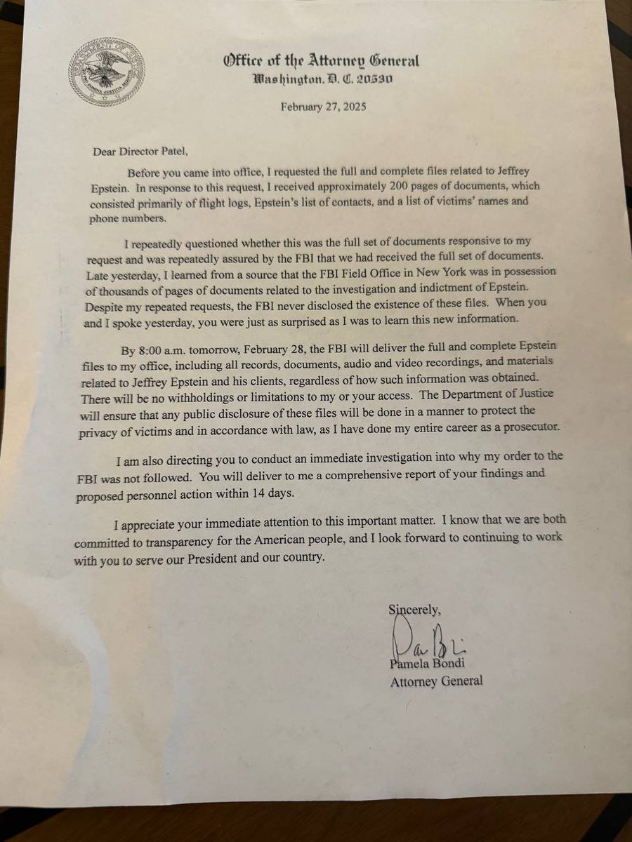 🚨BREAKING: Attorney General Pam Bondi reveals in a letter to FBI Director Kash Patel that the FBI is withholding Epstein List documents from her.