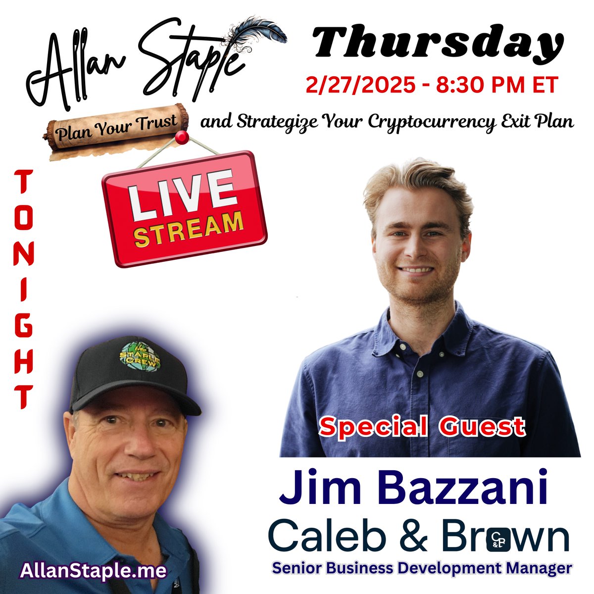 TONIGHT… Thursday, February 27, 2025 @CalebAndBrown's Jim Bazzani, Senior Business Development Manager and Allan Staple with The Staple Crew. Why Risk Your Assets on the Exchanges? Link to Show: youtube.com/live/8nTtZ7Oc1… SEE YOU THERE!

#Ripple 
#XRP 
#Bitcoin 
#CalebandBrown