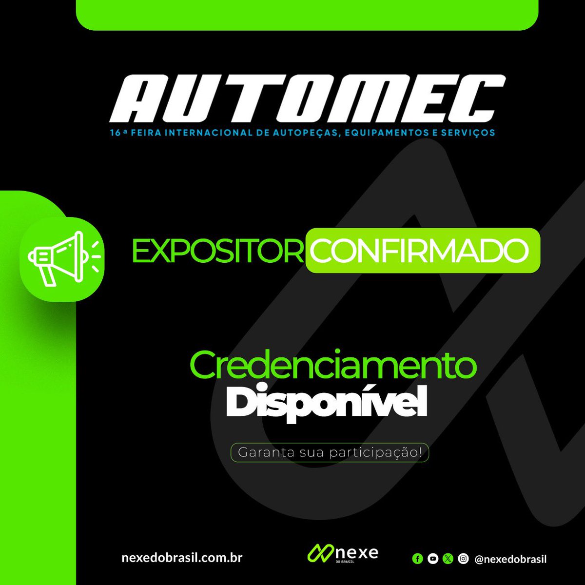 nexedobrasil's tweet image. O credenciamento para a Automec 2025 já está disponível! 🔧💚 Não perca a chance de se conectar com as inovações do setor e conferir as novidades da Nexe do Brasil. Garanta sua participação agora! ✅

#Automec2025 #NexedoBrasil #InovaçãoAutomotiva #FeiraAutomotiva