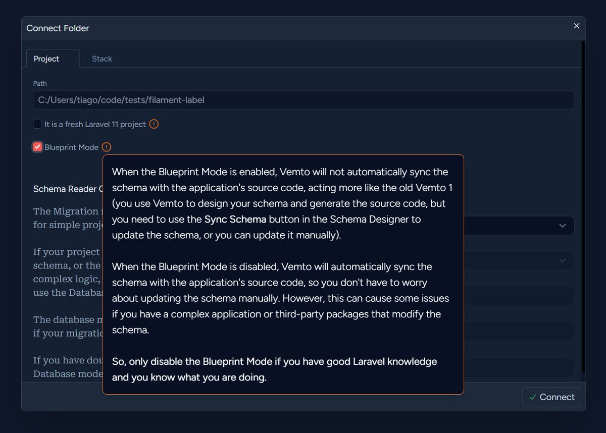 This may be the most critical Vemto change in the next version. Vemto's Blueprint mode (in this mode, Vemto 2 acts like Vemto 1, without automatic code synchronization).