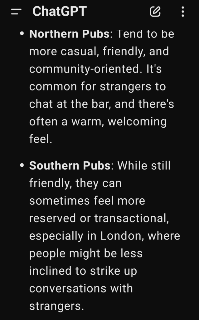 NHS_Martin's tweet photo. New Post - โHow do northern pubs differ from southern ones ?โ
Honorary #PubMan US Dave asks The Eternal Question". Chat GPT answers it. https://t.co/D5QDA1A3uQ