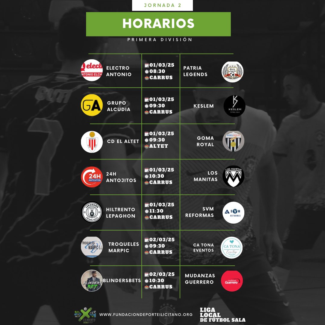 ¡Horarios Jornada 2 de 1ª División de la Liga Local de Elche 24/25!

⏱️Horarios Jornada 3 Primera División