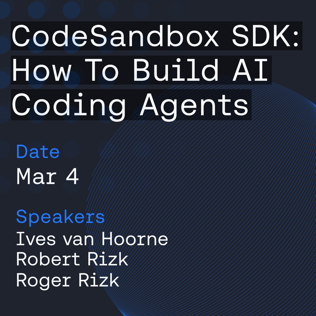 Together AI (@togethercompute) on Twitter photo AI coding agents are transforming software development, but execution remains a challenge.
Join <a href="/CompuIves/">Ives van Hoorne</a> (CodeSandbox SDK) and Blackbox AI founders <a href="/RobRizk1/">Robert Rizk</a> & Roger Rizk to learn how CodeSandbox SDK powers secure, scalable code execution for 10M+ users.
🗓 Date: March 4, 9AM AI coding agents are transforming software development, but execution remains a challenge.
Join <a href="/CompuIves/">Ives van Hoorne</a> (CodeSandbox SDK) and Blackbox AI founders <a href="/RobRizk1/">Robert Rizk</a> & Roger Rizk to learn how CodeSandbox SDK powers secure, scalable code execution for 10M+ users.
🗓 Date: March 4, 9AM