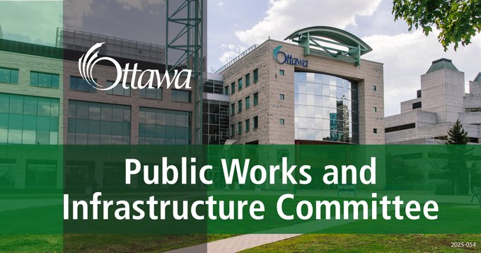 A graphic with Ottawa City Hall is in the background. A vertical grey stripe and a horizontal dark green stripe are in the foreground with " Public Works and Infrastructure Committee update" in the centre.