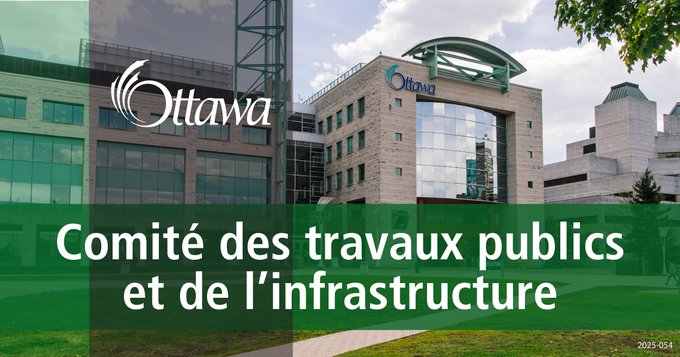 Illustration sur laquelle on aperçoit l’hôtel de ville d’Ottawa à l’arrière-plan. Au premier plan figurent un trait gris vertical et un trait vert foncé horizontal. « Mise à jour du Comité des travaux publics et de l'infrastructure » est au centre.
