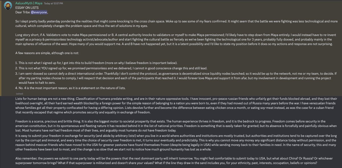 AaluxxMyth's tweet image. I agree with this take. My position in this matter has been stated on Discord (see pictures attached) and it is my last comment on this matter.

Love you tribe &amp;amp; chads ❤️
Hope to either keep building or at least keep advocating for permissionless technology &amp;amp; freedom.
