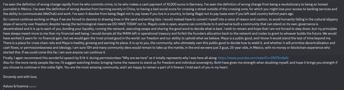 AaluxxMyth's tweet image. I agree with this take. My position in this matter has been stated on Discord (see pictures attached) and it is my last comment on this matter.

Love you tribe &amp;amp; chads ❤️
Hope to either keep building or at least keep advocating for permissionless technology &amp;amp; freedom.