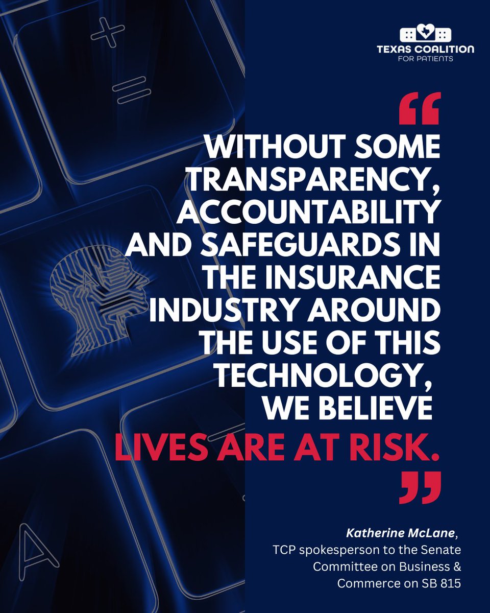 This afternoon, TCP spokesperson Katherine McLane, testified in support of SB 815, urging Texas lawmakers to establish safeguards for the use of AI in critical health care decisions. 

Watch the full testimony here: youtube.com/watch?v=a1SxyB… 

#txlege